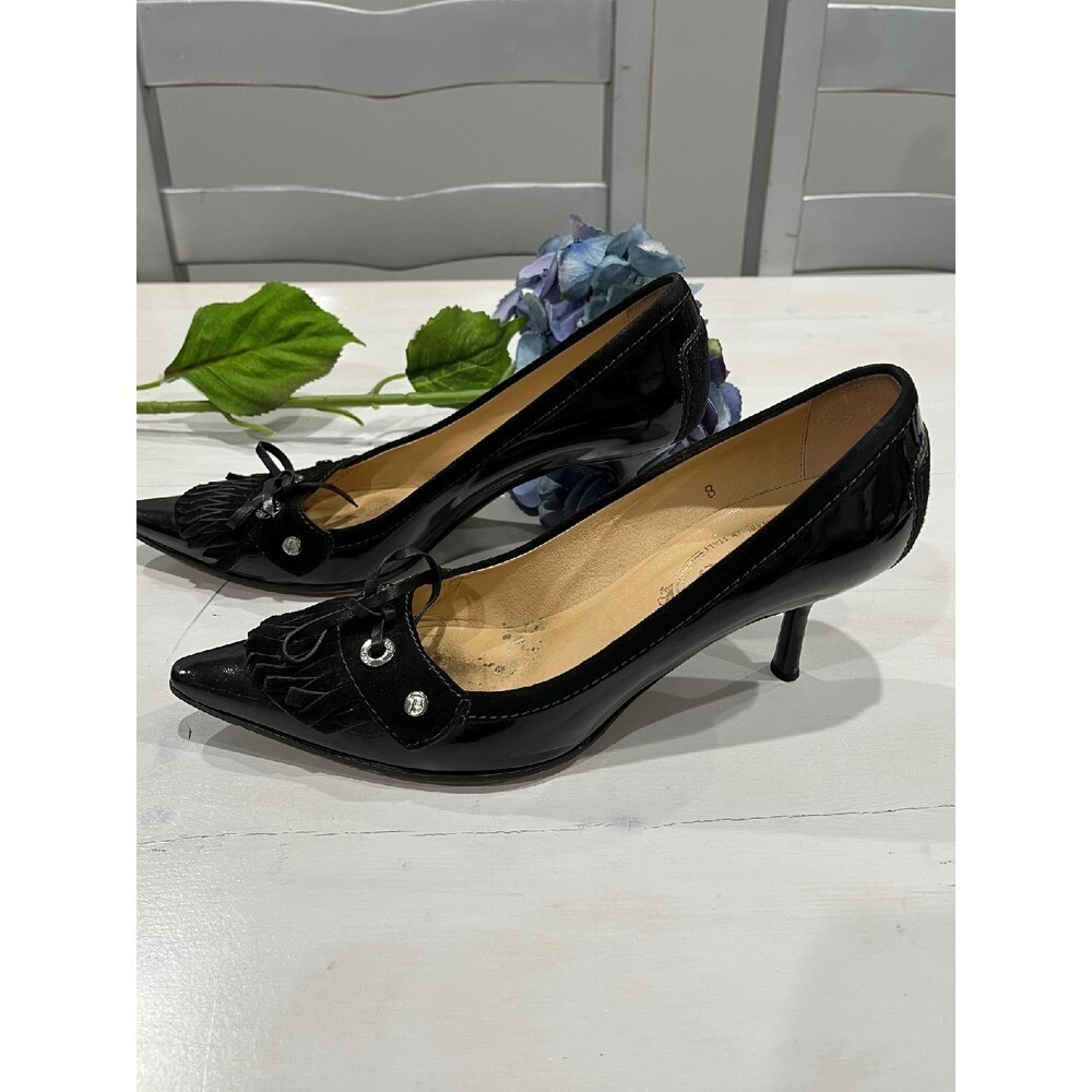 Tod's Black Patent Leather Pointed Toe Pumps Heels Fringe Detail Size 8